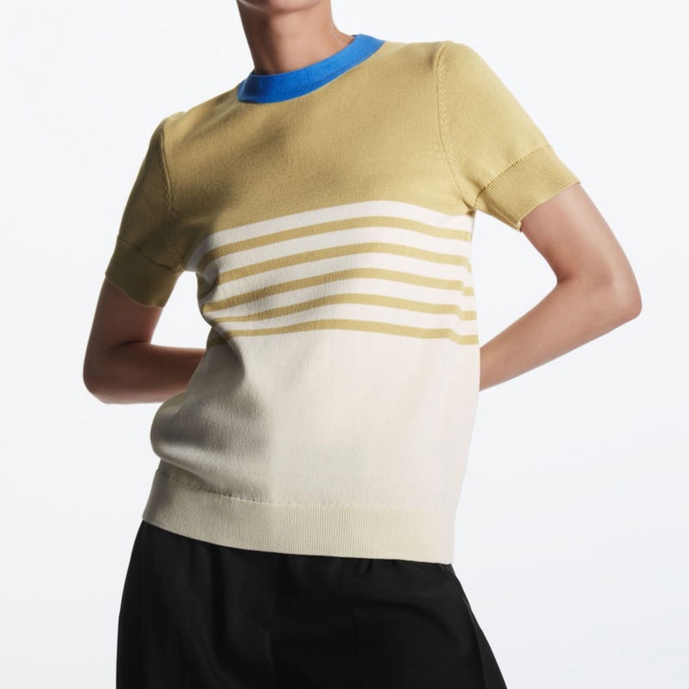 COS Short Sleeve Striped Knit Top in Mustard, Cream & Blue